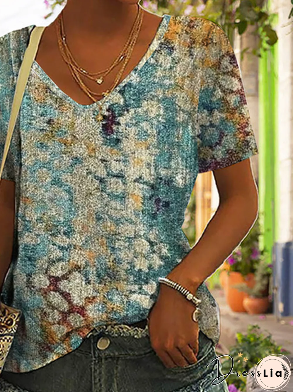 V Neck Abstract Printed Jersey T-Shirt