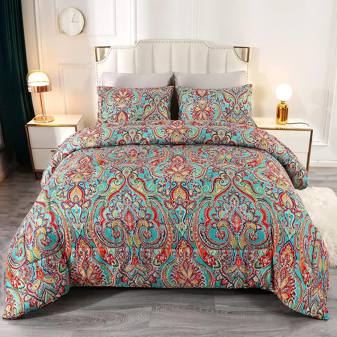 Qucover Comforter Set Boho, 3 Pieces Blue and Red Paisley Comforter Set Twin, Reversible Bohemian Floral XL Twin Comforter Sets for College Girls, with 2 Pillowcases, All Seasons