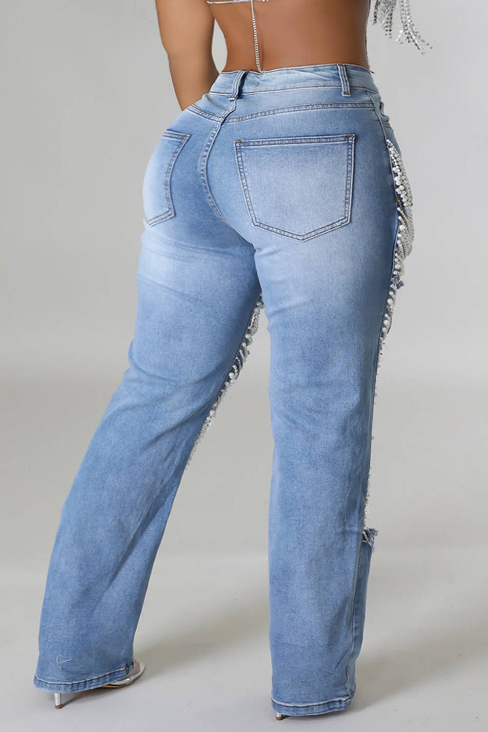 Plus Size Daily Jeans Casual Blue Fall Winter Pearls Denim Jeans