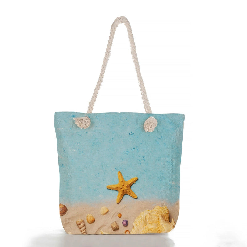 Women’s Medium Linen Starfish Beach Shell Beach Classic Style Square Zipper Tote Bag Beach Bag