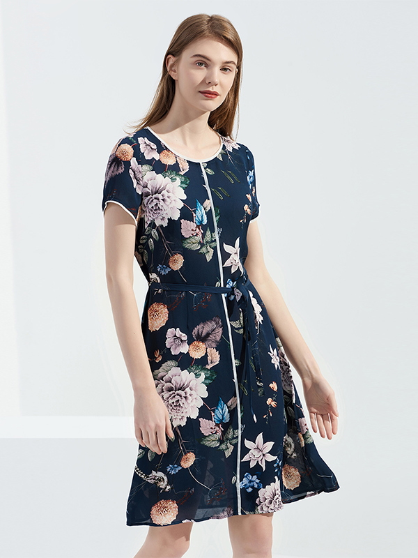 Silk Dress Round Neck Floral