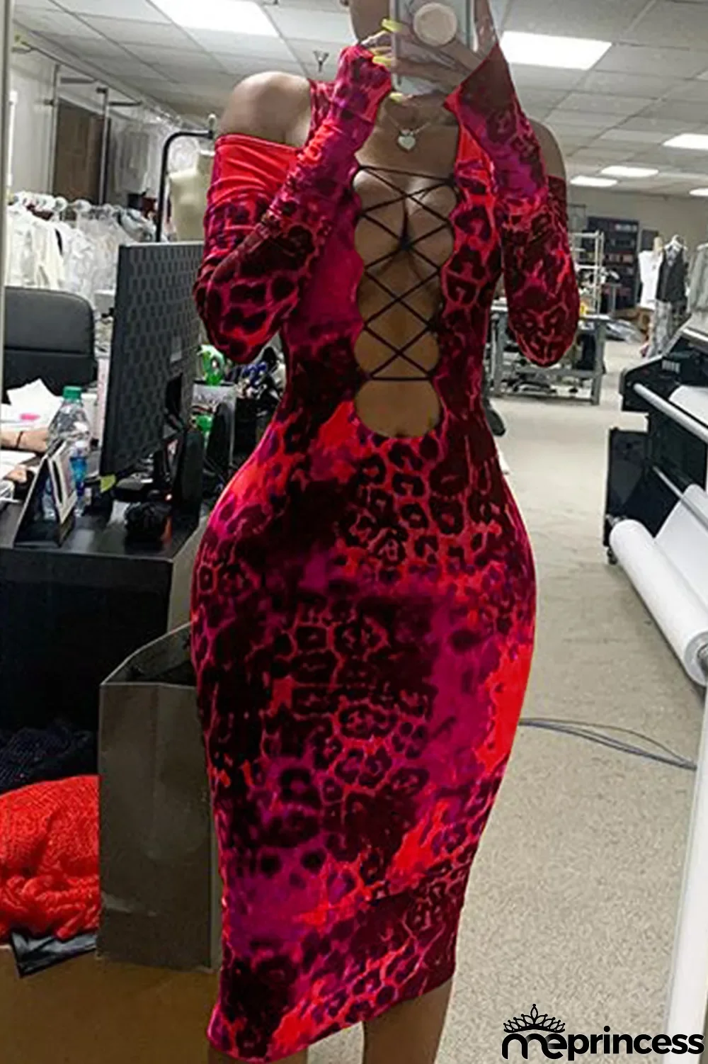 Red Sexy Leopard Bandage Bateau Neck Dresses