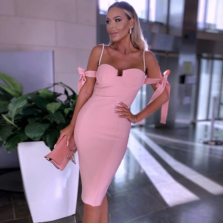 bandage dress for women new arrival pink bodycon dress beaded off shoulder sexy birthday party dress evening club outfits - BlackFridayBuys