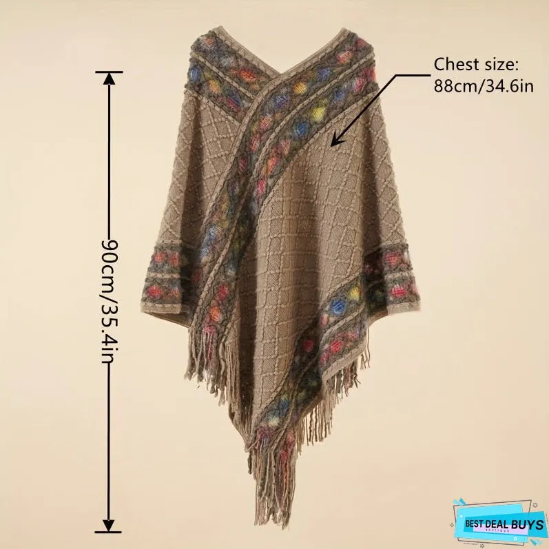 Pullover Woven Shawl Large Warm Fringed Shawl Wrap Windproof Shawl Cape For Casual Outdoor