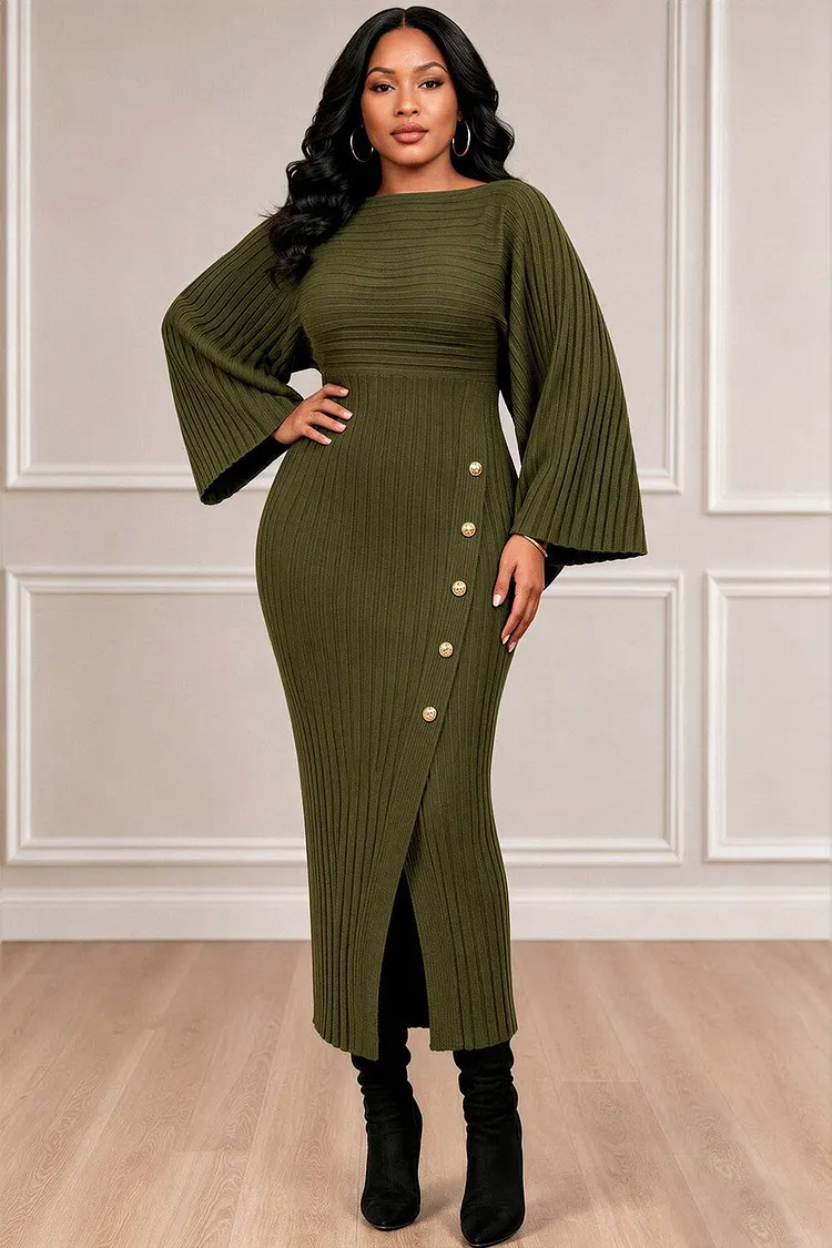 Xpluswear Design Plus Size Business Casual Army Green Round Neck Flare Long Sleeve Button Split Rib Knit Midi Dresses [Pre-Order] 2024 - Xpluswear