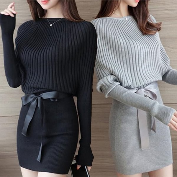 Women's Fashion Autumn/Spring Knitted Dress Long Sleeve Bodycon Loose Sweater Batwing Pullover Knitwear - Chicaggo