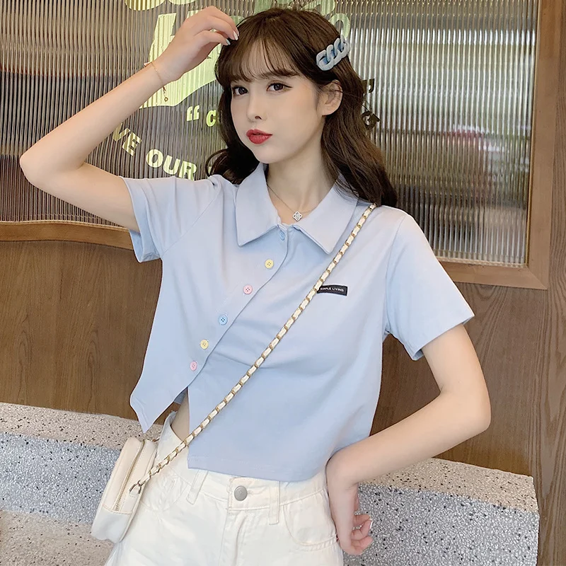 Uveng Uveng Cotton 2024 Summer New Polo Shirt Short-Sleeved T-Shirt Female Slim High Waist Lapel Short Style Student Jacket Tide