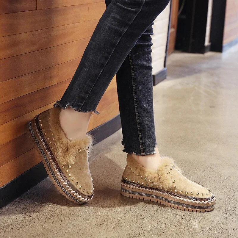 Lucyever 2020 New Spring Women Flat Shoes Fashion Real Fur Rivet Round-toe Casual Shoes Ladies Flats with Loafer Shoes Woman