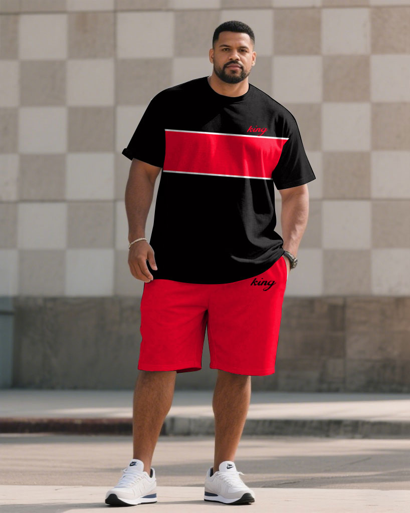 Men's Plus Size Casual Classic Red & Black Color-block Design Chest Small Label Printed Short-sleeved T-shirt Shorts Suit
