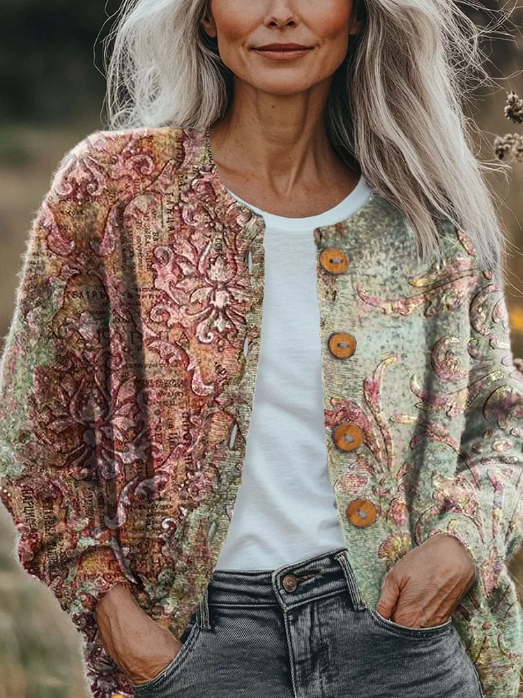 Women's Vintage Lovely Floral Art Print Buttoned Cardigan Sweater