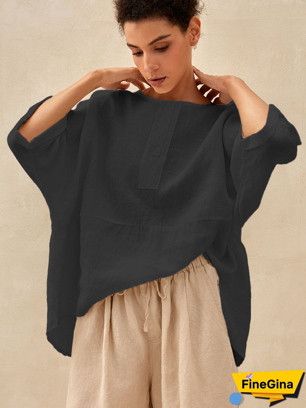 Robyn Linen Round Neck Mid-Sleeve Top
