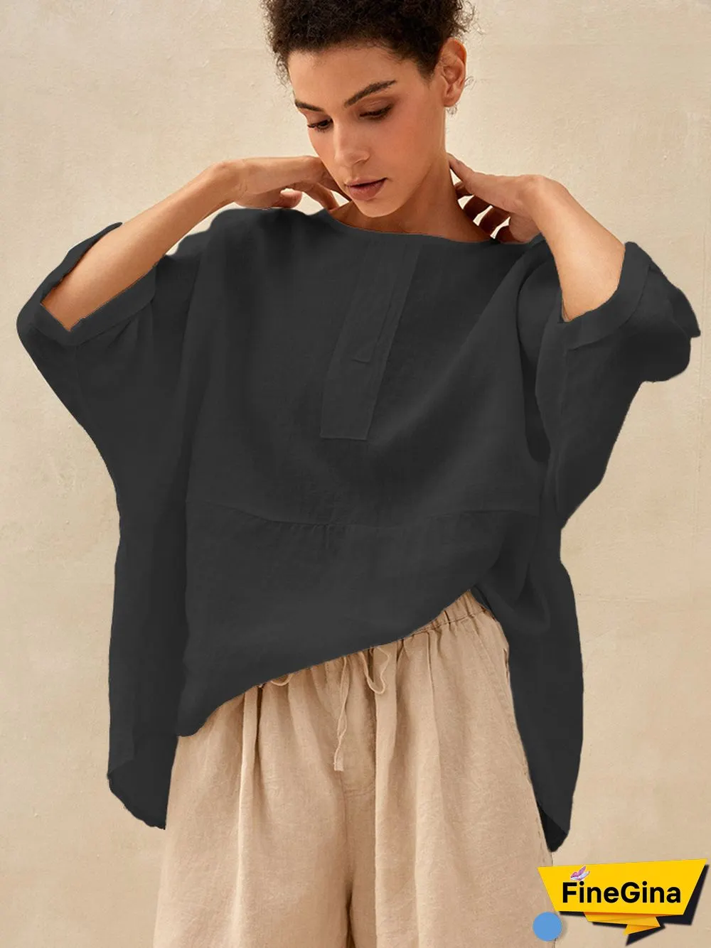 Robyn Linen Round Neck Mid-Sleeve Top