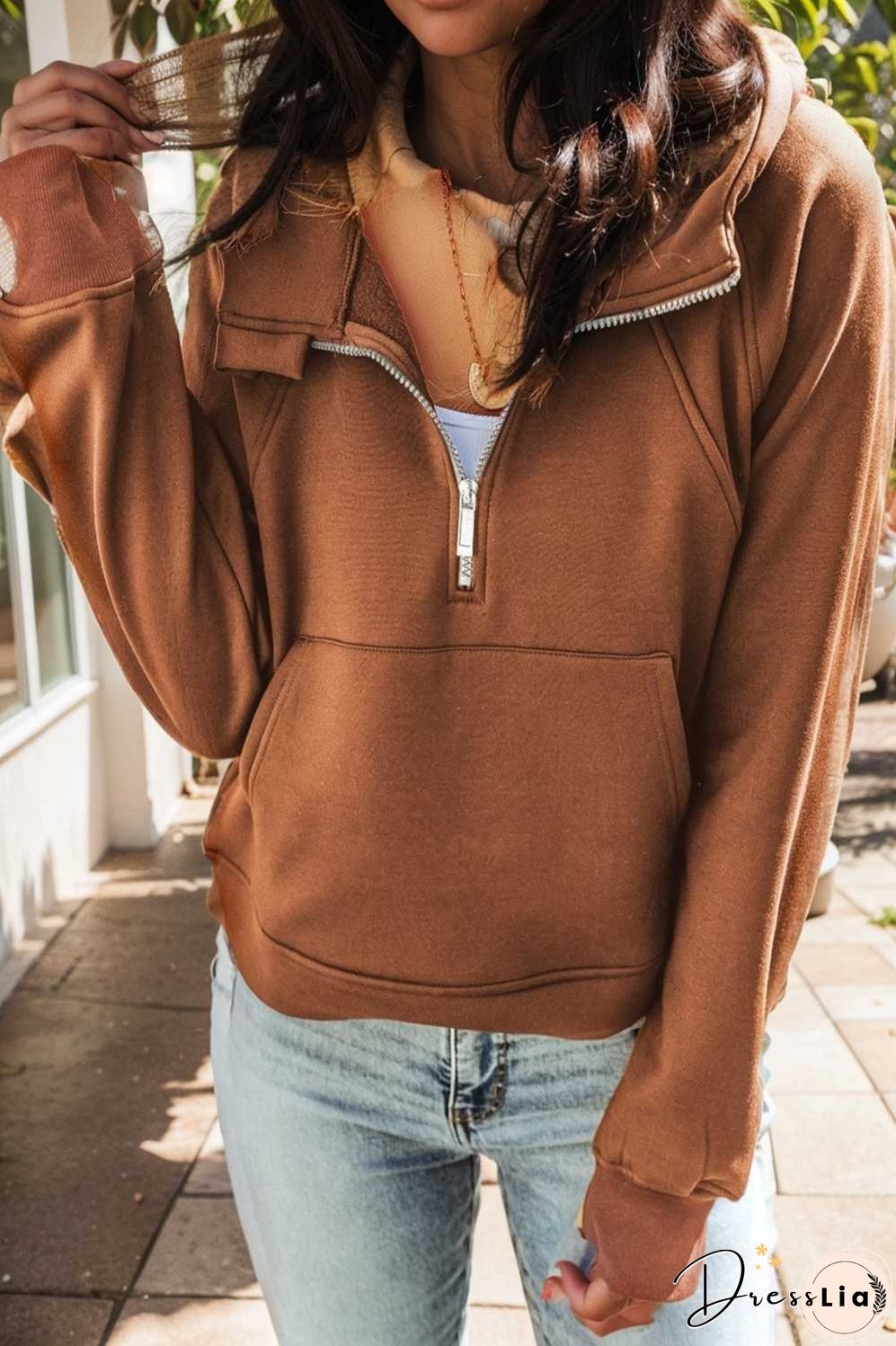 cozy brown hoodie with kangaroo pocket and quarter zip
