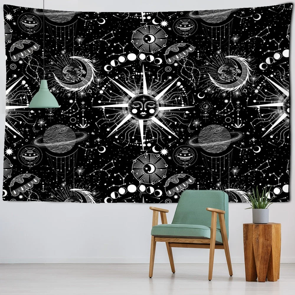 White Black Sun Moon Mandala Starry Sky Tapestry Wall Hanging Bohemian Gypsy Psychedelic Tapiz Witchcraft Astrology Tapestry