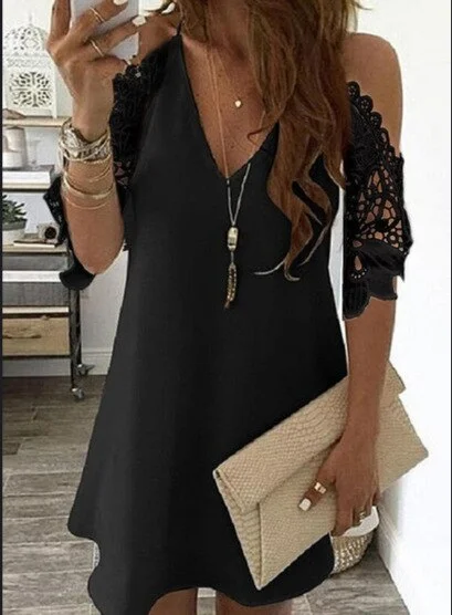 Summer Sexy V Neck Spaghetti Straps Hollow Out Women's Dress 2021 Fashion Solid Lace Pachwork Loose Ladies Mini Dress Plue Size