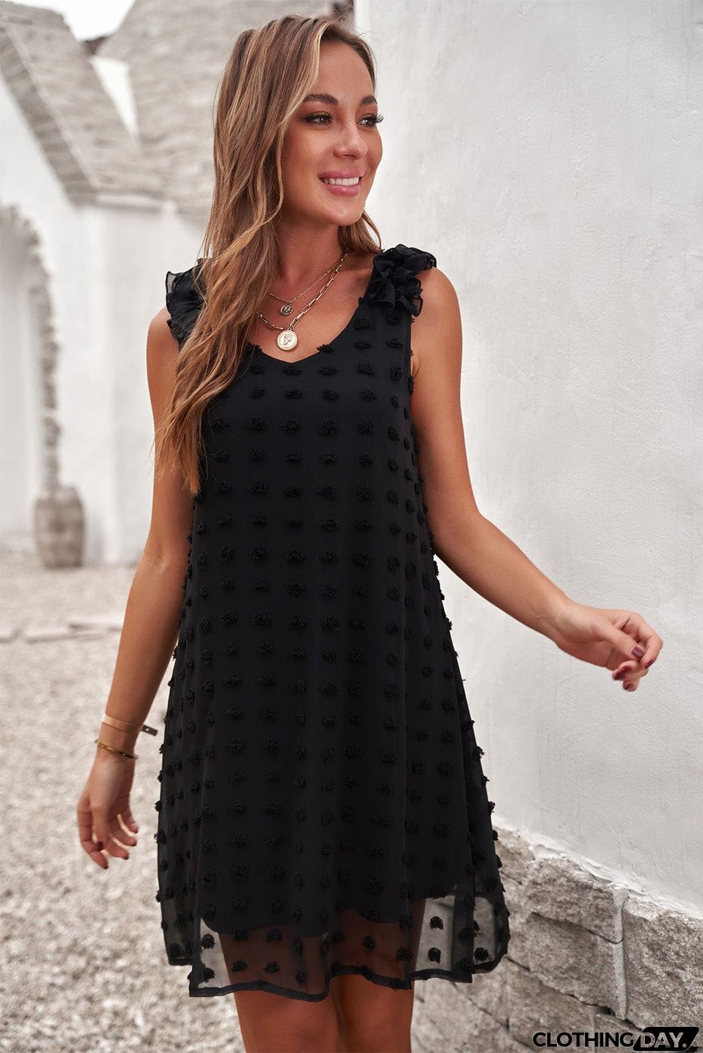 Swiss Dot V Neck Ruffled Sleeveless Mini Dress