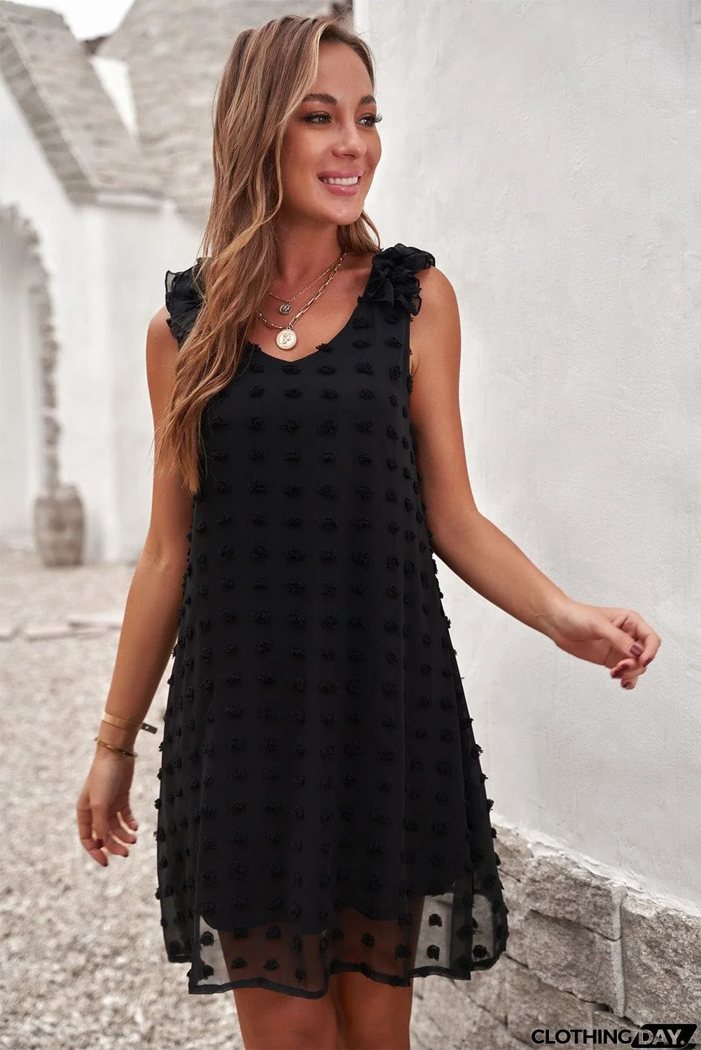 Swiss Dot V Neck Ruffled Sleeveless Mini Dress