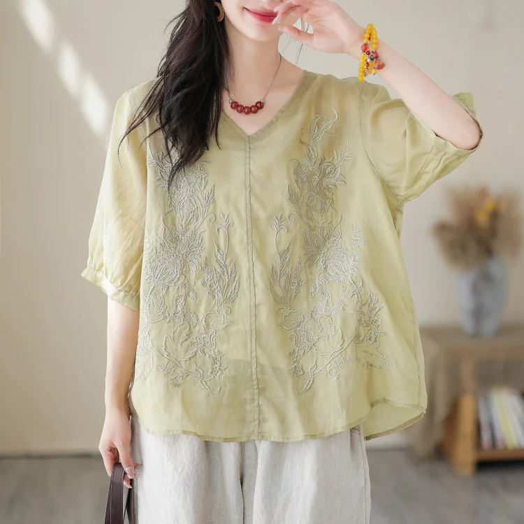 Women Summer Linen Retro Embroidery Casual T-Shirt