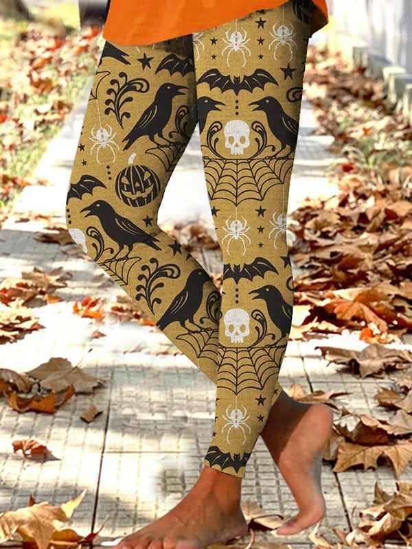 Women's Bat Bird Skull Spider Web Halloween Art Print Leggings