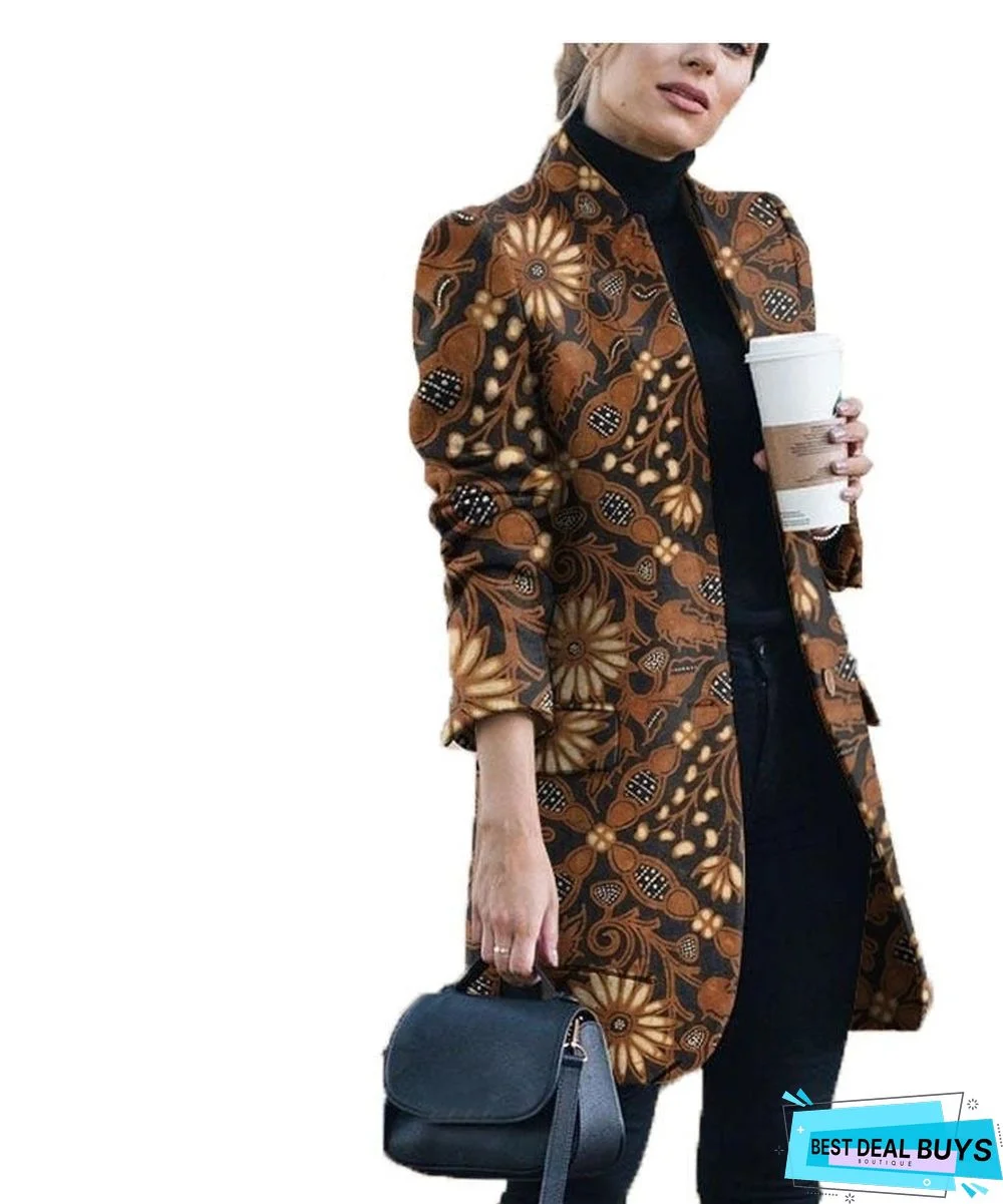 New Autumn and Winter Fashion Print Collar Woolen Coat Women