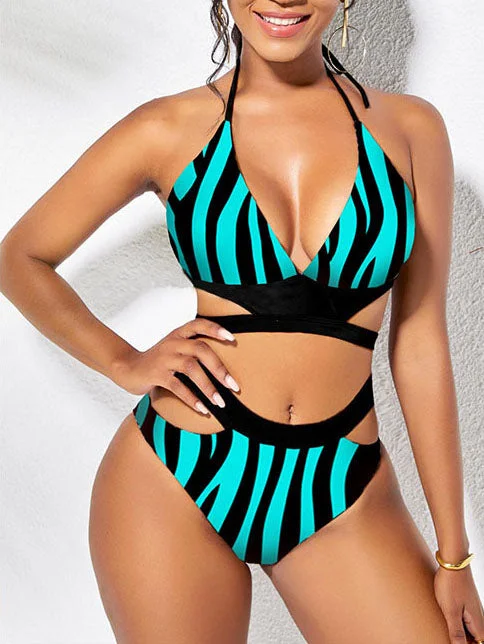 Women Strap Striped Printed Graphic Bikini Set