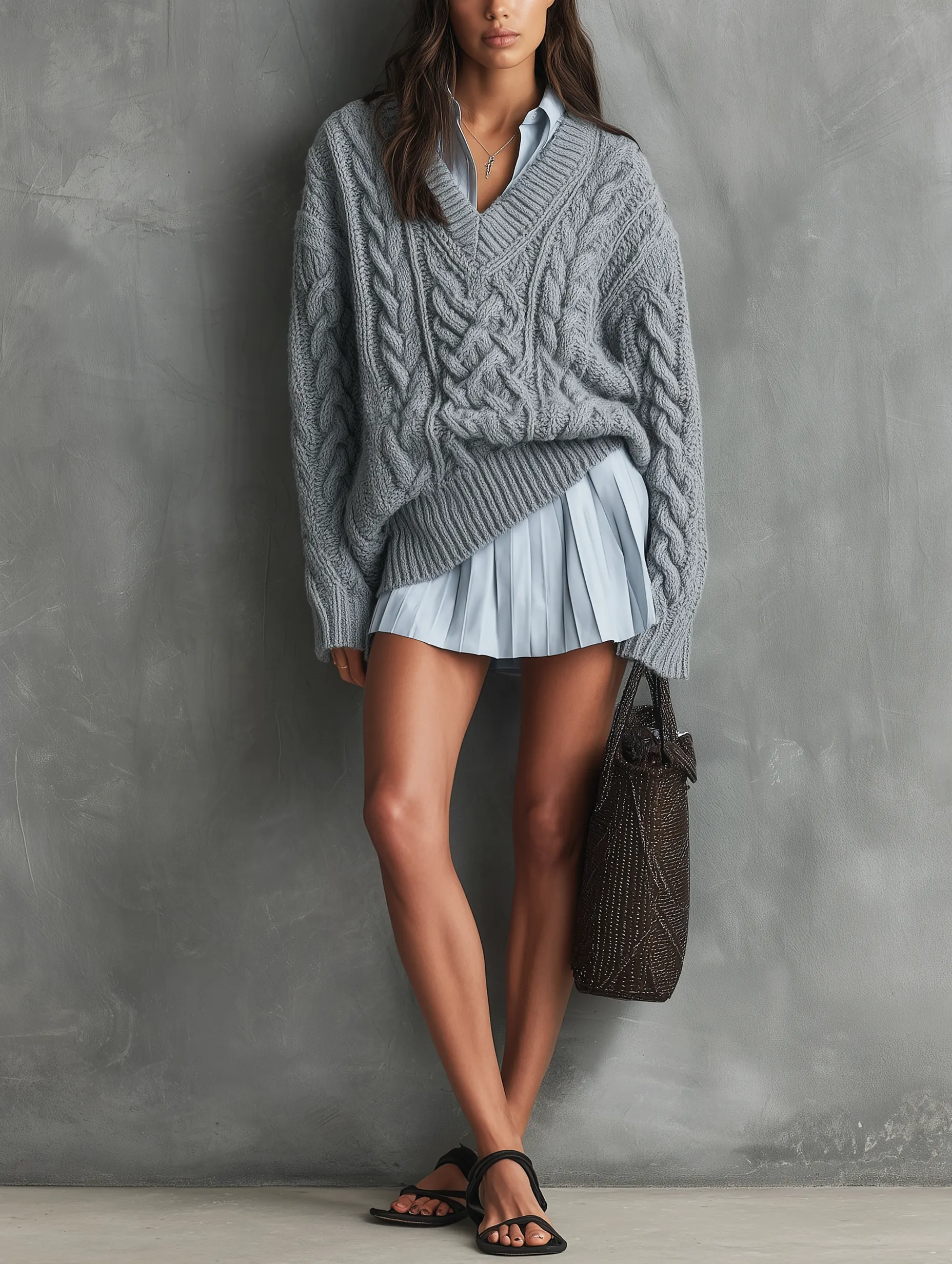 Women's Casual Grey Long-sleeved Knit Sweater Paired With A Light Blue Woven Shirt Dress MD