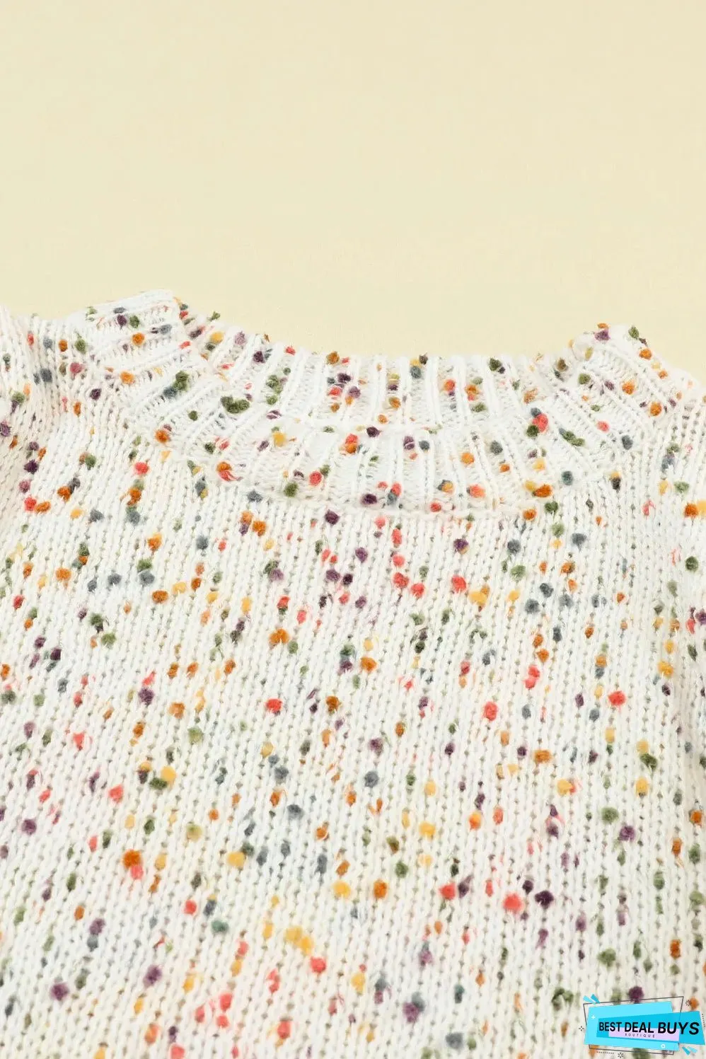 Beige Colorful Dots Cable Knit Crew Neck Sweater