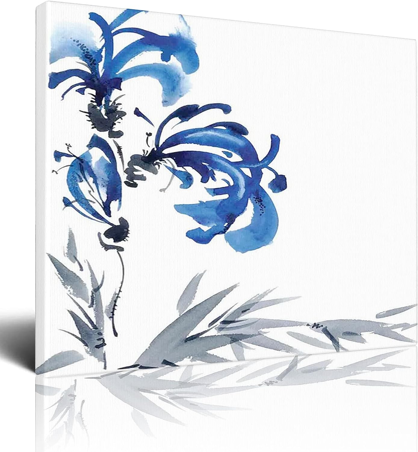Oriental Canvas Wall Art,Watercolors Eastern Floral,Canvas Artwork Nature Pictures for Living Room Bedroom Office Wall Decor Home Decoration,Gray Blue - 16x20 Inch 16x20 Inch