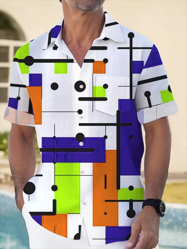 Men's Geometric Hawaiian Print Lapel Shirt