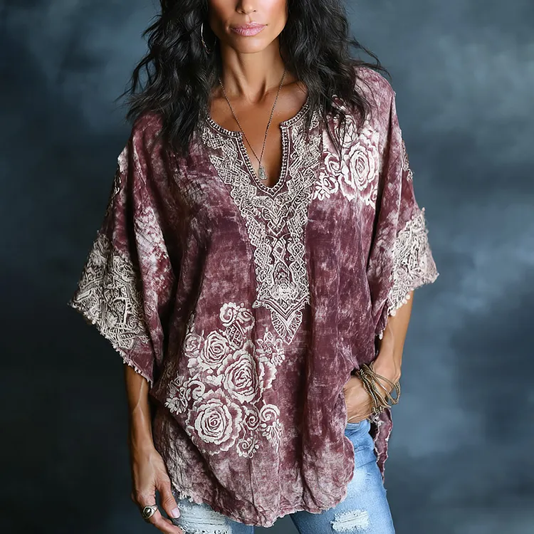 Women's Bohe Floral Tie Dye Art Print Flowy Linen Blend Casual Short Sleeve Tops
