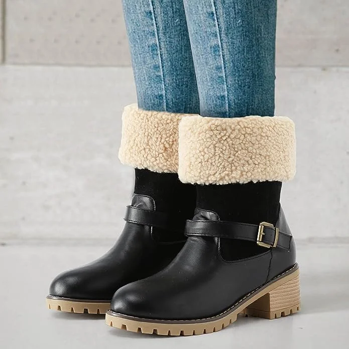 Smiledeer Chunky heel high top belt buckle cuffed snow boots