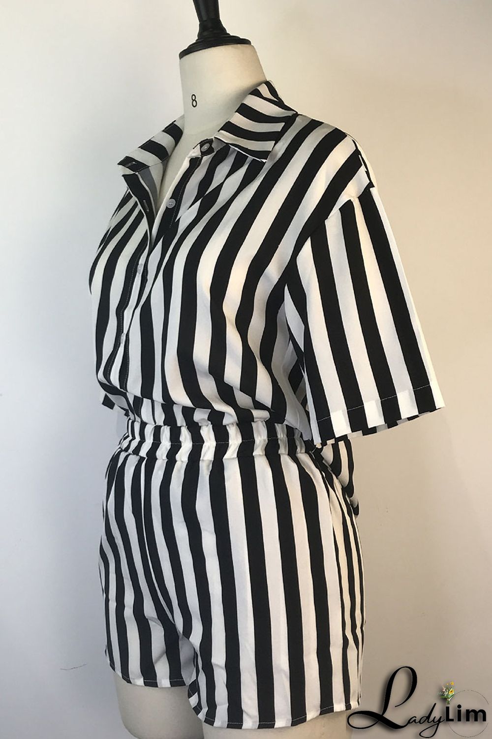 Green Casual Striped Print Patchwork Buckle Turndown Collar Short Sleeve Two Pieces