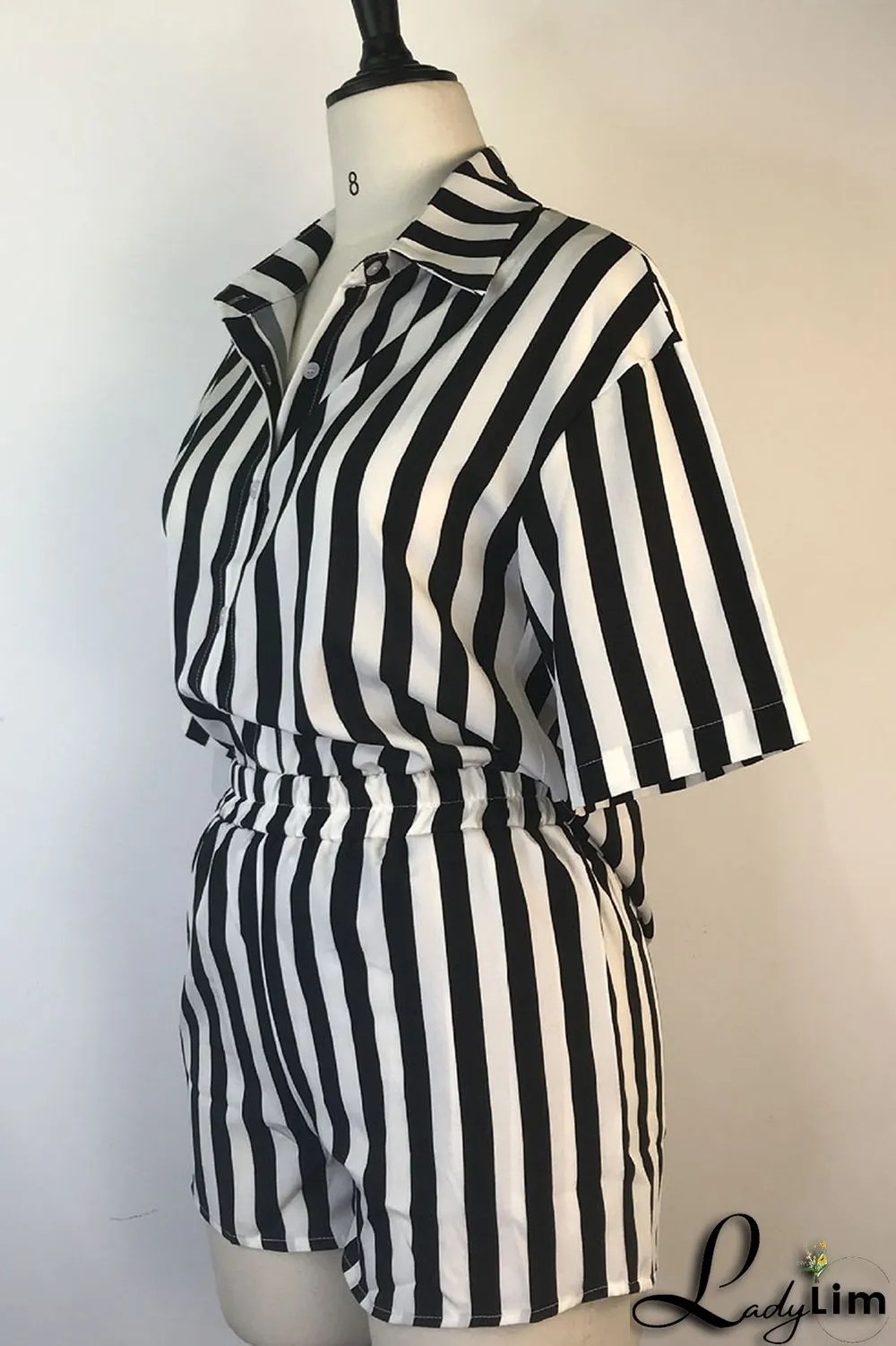 Green Casual Striped Print Patchwork Buckle Turndown Collar Short Sleeve Two Pieces