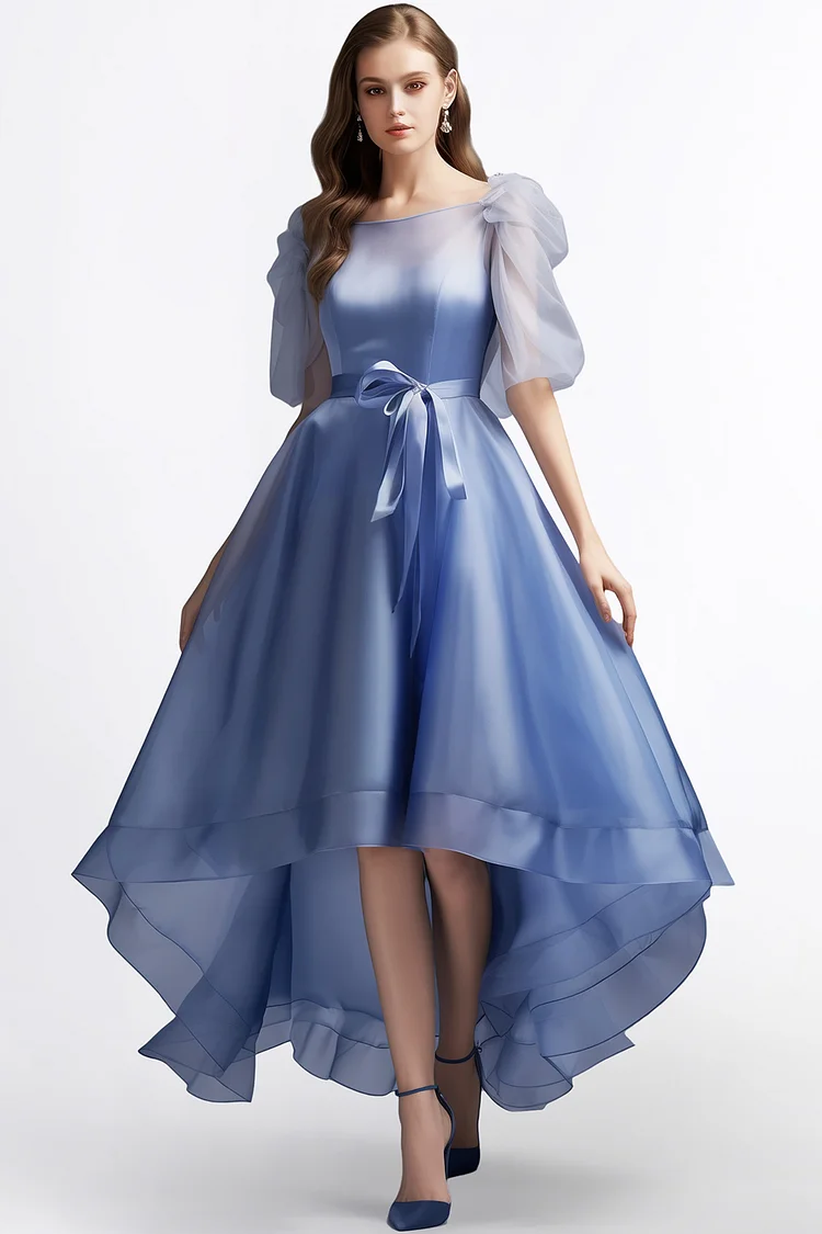 Zaruci Semi Formal Blue Organza Puff Sleeve Asymmetrical Maxi Dress [Pre-Order]
