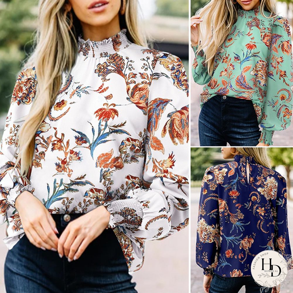 Women Spring Casual Puff Sleeve Floral Printed Top Holiday Smocking Retro Shirt Blouse