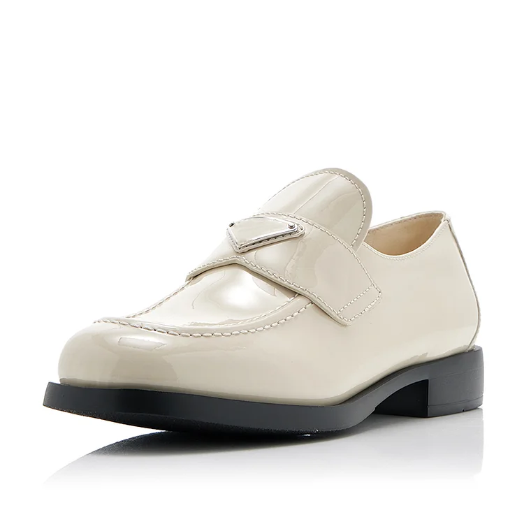 Beige Round Toe Patent Shoes Women'S Classic Block Heel Triangle Loafer Pumps |FSJ Shoes