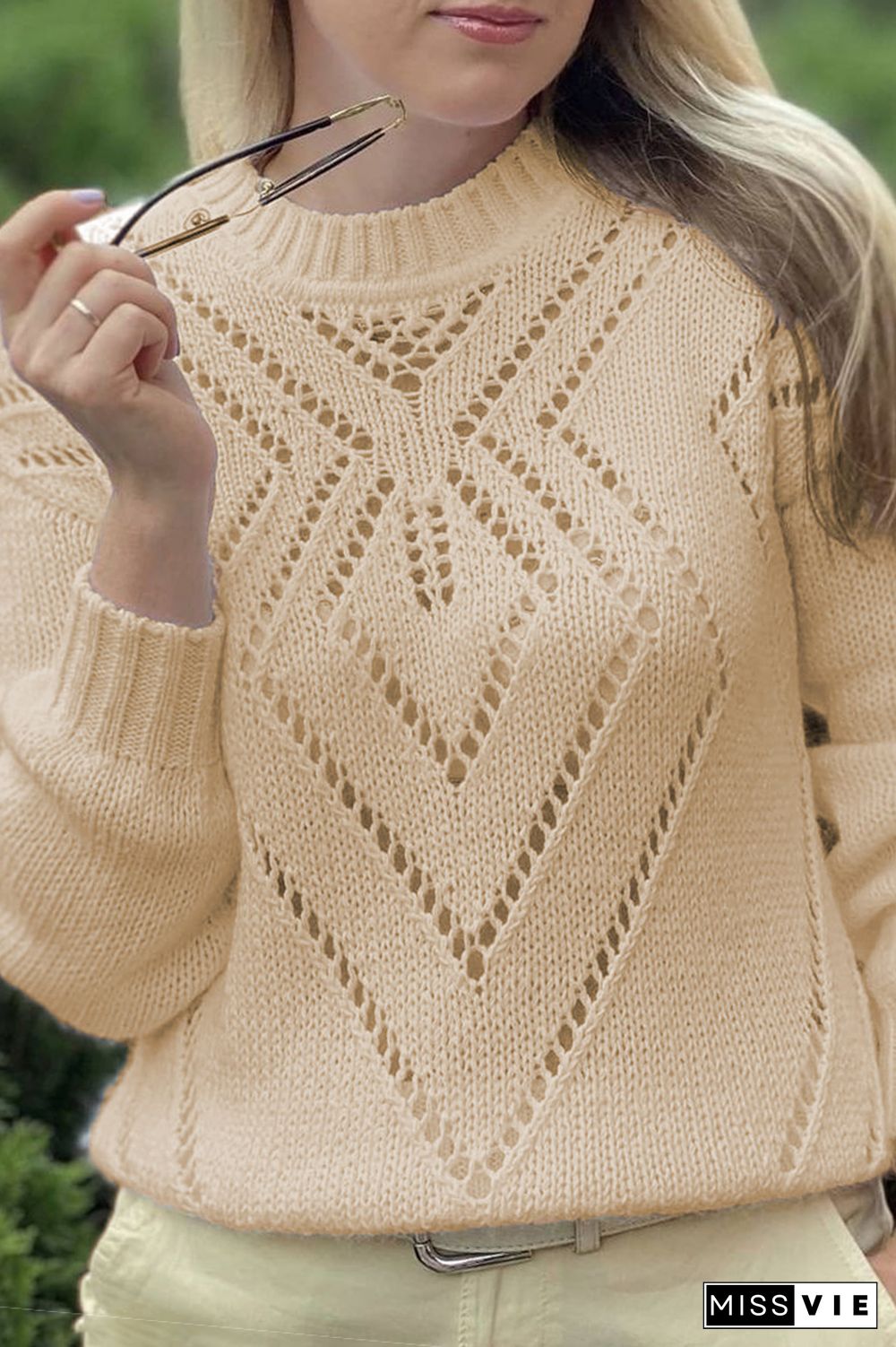 Casual Geometric Solid Hollowed Out Split Joint O Neck Tops