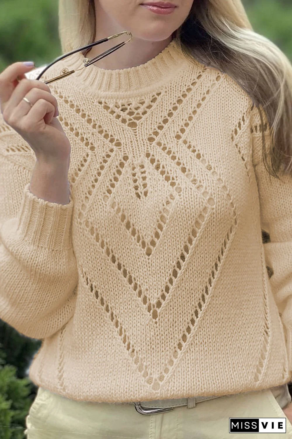 Casual Geometric Solid Hollowed Out Split Joint O Neck Tops