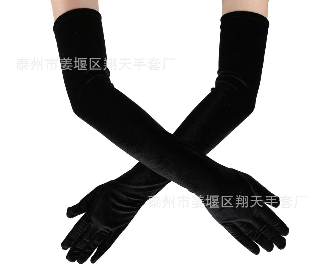Black velvet long retro party ladies dress gloves-zachics