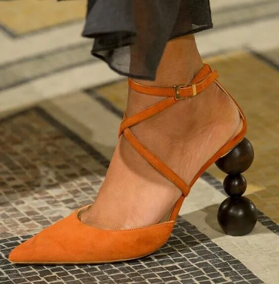 VCSHOES Woman Solid Brown/Black/Orange Cross Buckle Strap Strange Wood Blocks Heels Pointed Toe Party Pumps