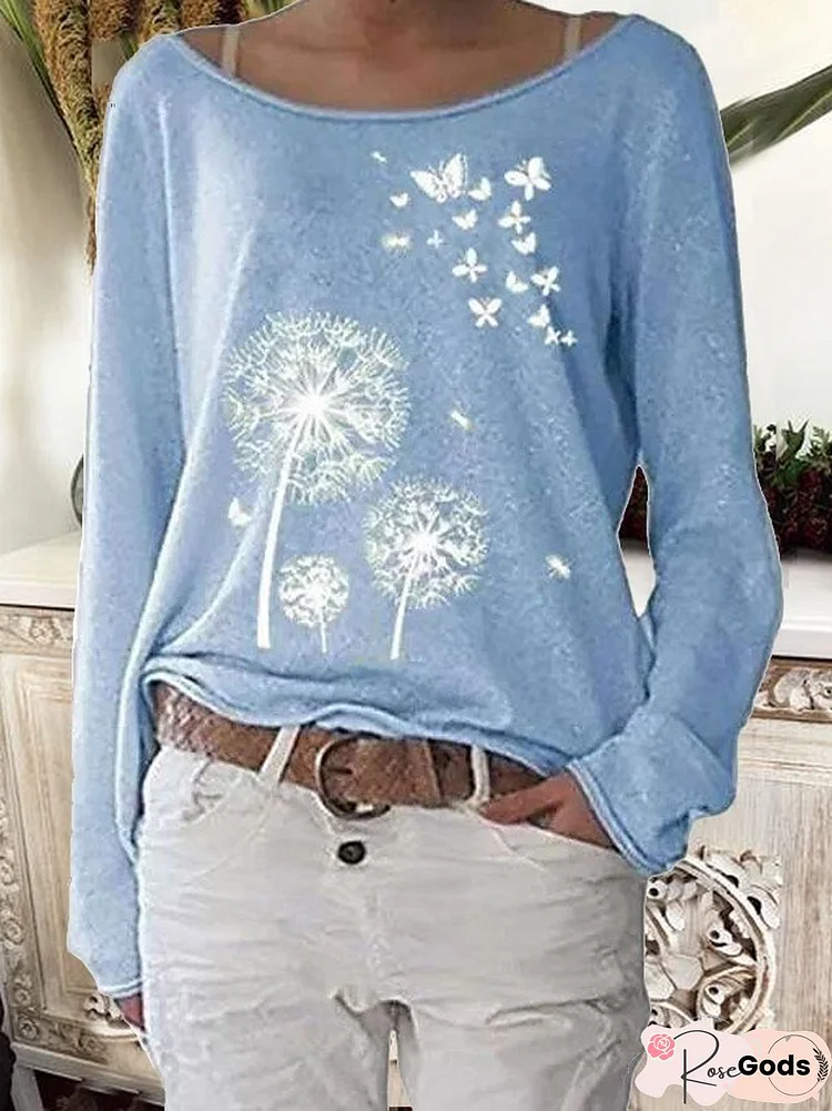 The Dandelion Long Sleeve Print Boat Neck Streetwear Basic Top