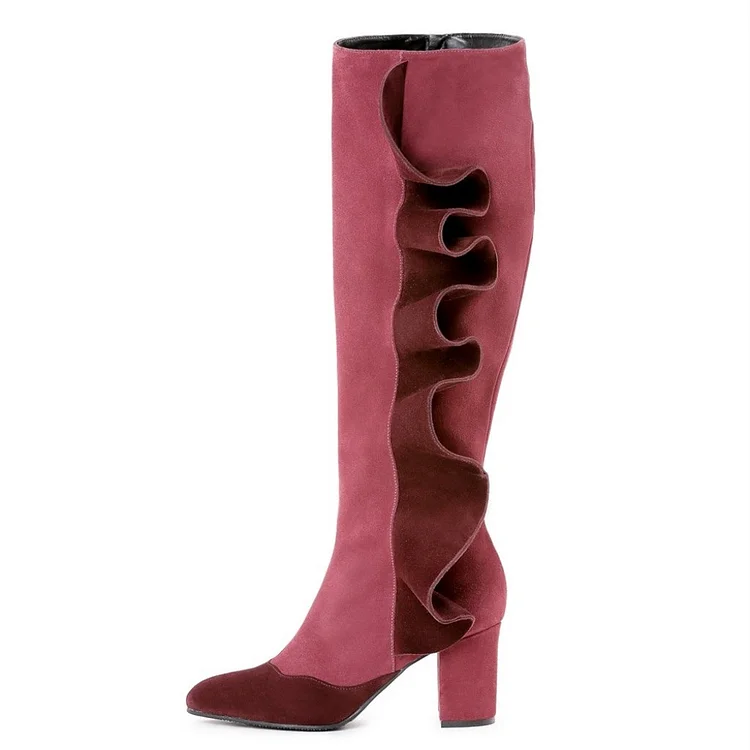 Pink and Burgundy Suede Boots Chunky Heel Calf Length Boots |FSJ Shoes