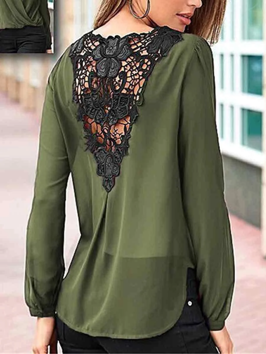 Cross V-Neck Lace Back Long Sleeves Blouse