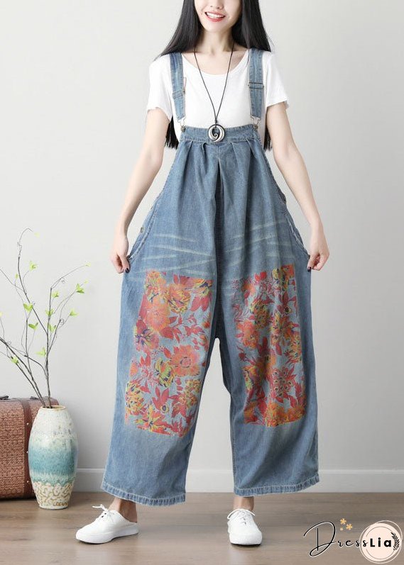 Simple Blue Patchwork Print Wide Leg Carpenter Pants Spring