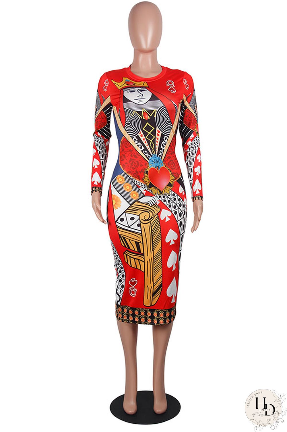 As Show Fashion Long Sleeves O neck Slim Dress Mid-Calf Print Print Dresses