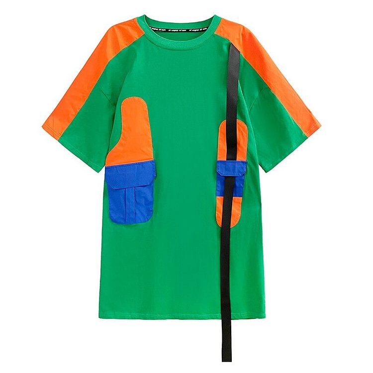 Fashion Loose Contrast Color Pachwork Pockets Decor Half Sleeve Dress 