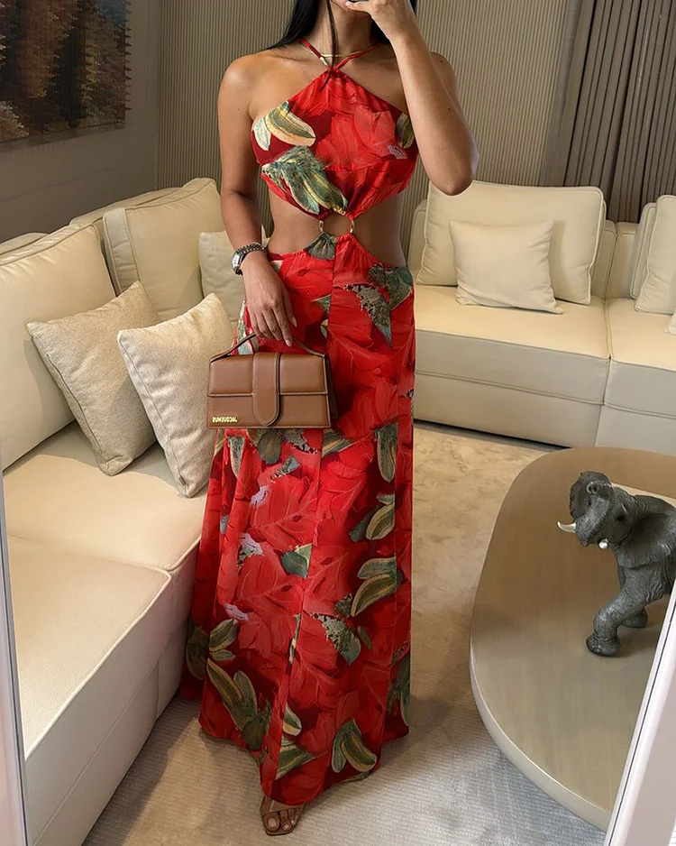 Women's printed halterneck hollow dress