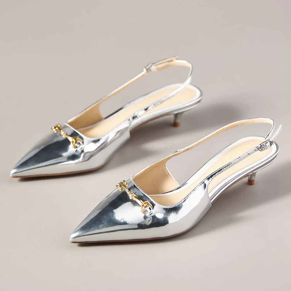 Silver Vegan Leather  Pointed Toe Slingback Pumps With Kitten Heels Nicepairs