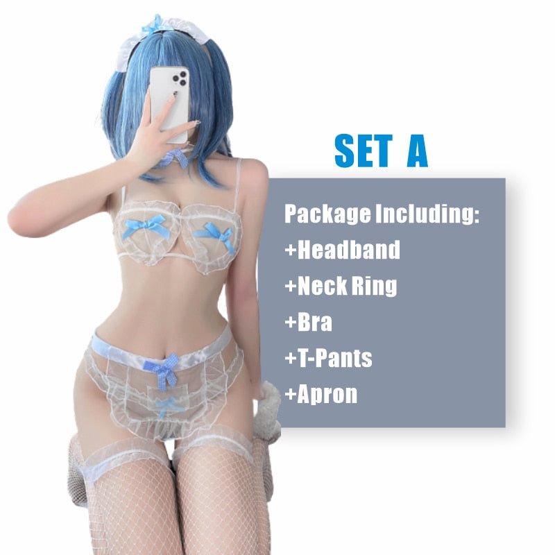 OJBK Sexy Kawaii Maid Cosplay Three Point Transparent Uniform Lingerie Lace Underwear Suit With Apron Maid Erotic Outfit 2022New