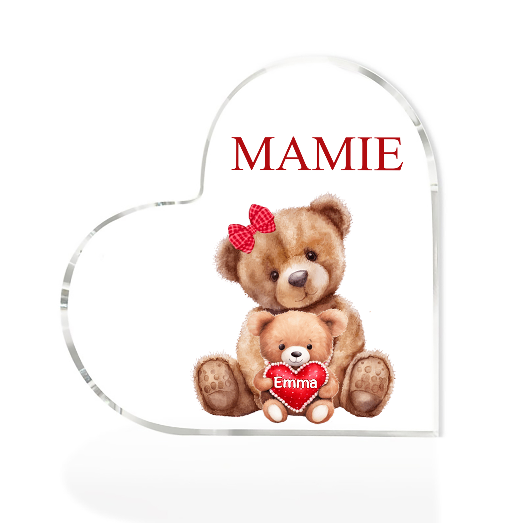 À ma Maman/Mamie - Plaque Acrylique Ours en Forme de Cœur 1 Prénom Personnalisé avec 1 Texte
